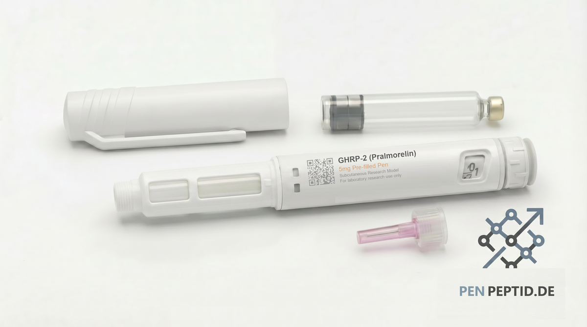 GHRP-2 Pralmorelin 5mg Research Peptide Pen (PP-016) - Pituitary secretagogue hexapeptide for appetite signaling pathways and growth hormone release studies. Deep purple accents. CAS 158861-67-7.