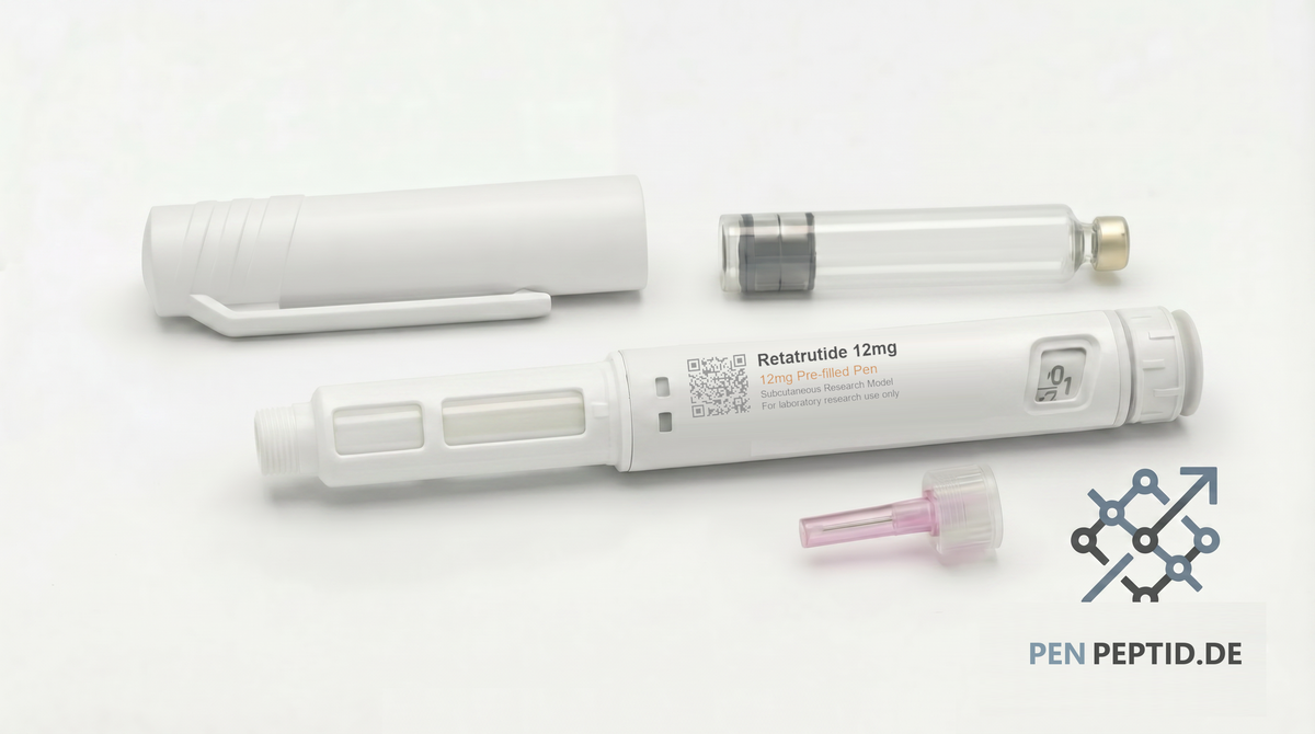 Retatrutide 12mg Research Peptide Pen (PP-008B) - GIP/GLP-1/glucagon receptor agonist for metabolic rate, satiety signaling, and energy expenditure studies. Royal blue accents. CAS 2381089-83-2.