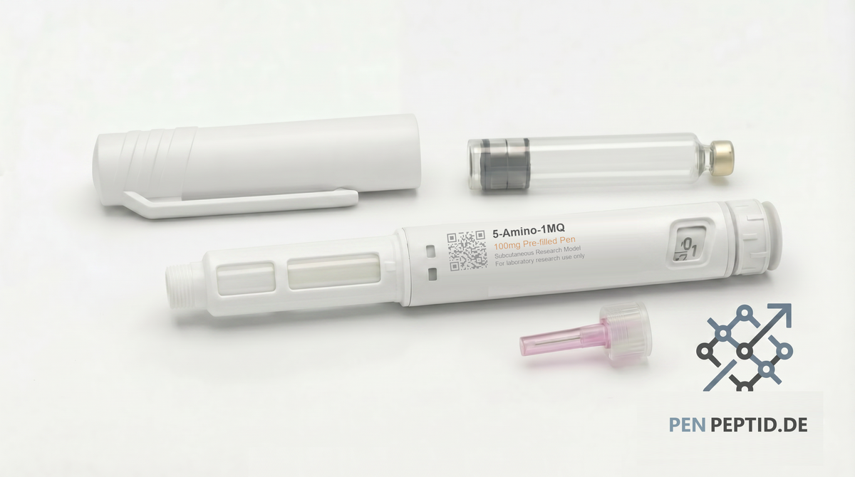 5-Amino-1MQ 100mg Research Pen (PP-012) - NNMT inhibitor for NAD+ salvage pathways, mitochondrial biogenesis, and cellular longevity research. Amber gold accents. CAS 42088-95-5.