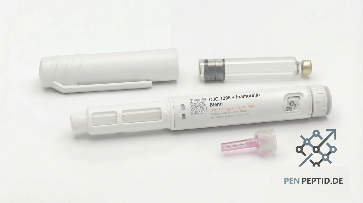 CJC-1295 + Ipamorelin Research Peptide Pen (PP-013) - Dual secretagogue stack for somatotroph stimulation, growth hormone release, and metabolic signaling. Hot pink accents.