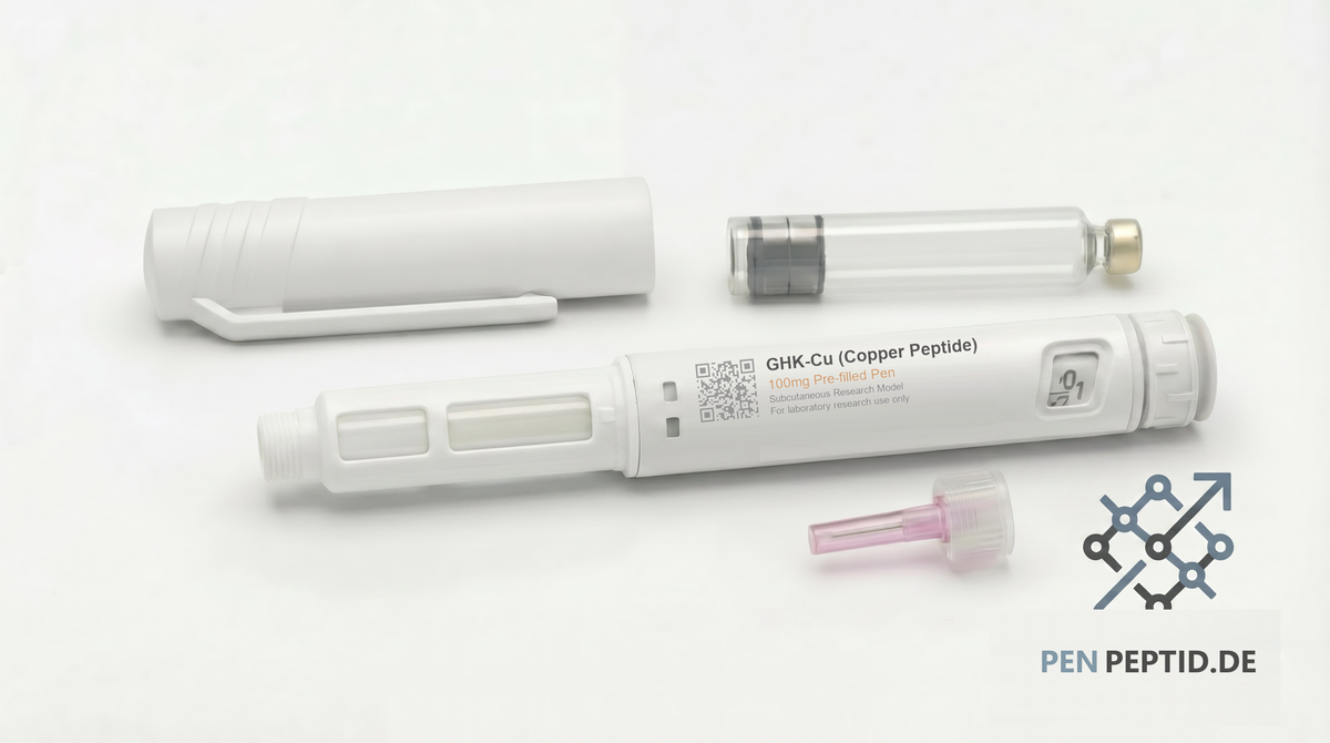 GHK-Cu 100mg (Copper Peptide) Research Pen (PP-004) - Extracellular matrix remodeling, skin health, collagen production, and anti-aging signaling studies. Emerald green accents. CAS 49557-75-7.